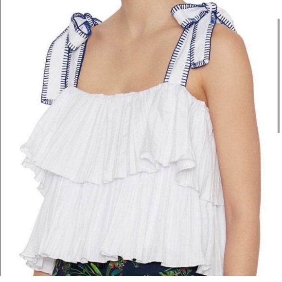 SALONI Jools Ruffled Embroidered Shoulder
Tie Blouse Crop Top White Blue… - Picture 1 of 9